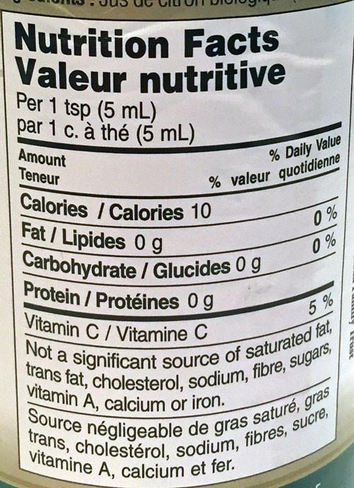 LAKEWOOD Organic Lemon Juice Nutrition Facts