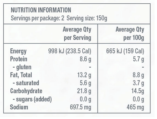 WAAH ORGANIC Indian Meal Dal Makhani 300g Nutritional Information